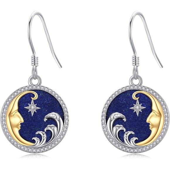 Lapus Lazuli Diamond Moon and Star Luxurious Starry Night Earrings